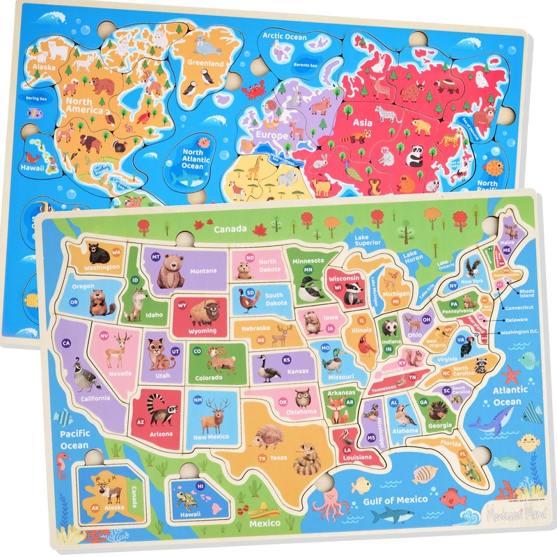 Montessori Mama Wooden Puzzles For Kids Ages 4-6, Usa States And Capitols, World Continents And Oceans Kids Puzzles, Combo Set 2 Toddler Puzzles