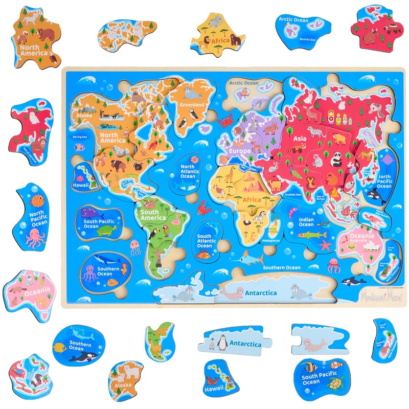 Montessori Mama Wooden Usa Map Puzzle And World Continents And Oceans Map Puzzle (World Map Puzzle)