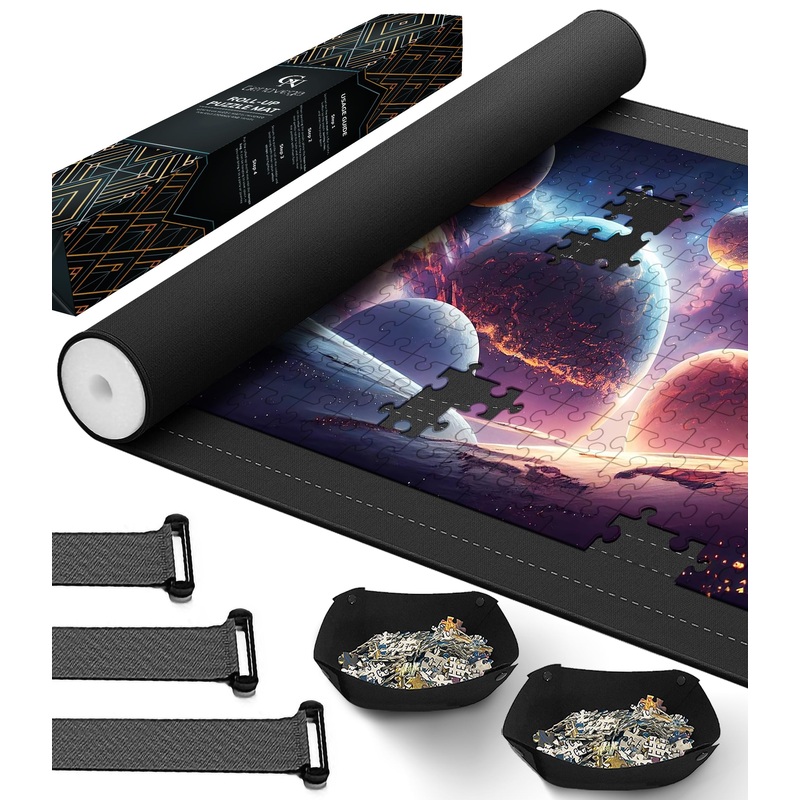 Puzzle Mat Roll Up For 1500 1000 Jigsaw Pieces Puzzles Board Large Portable Table Saver Pad Mats For Adults Kids, 46' X 26' Smooth Top Rubber Bottom, 2 Sorting Trays, Foam Tube, 3 Straps, Storage Bag