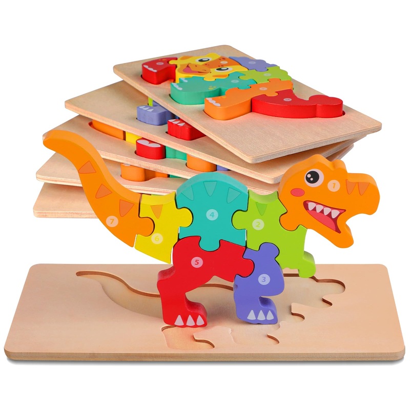 Quanquer 6-Pack Dinosaur Puzzles For Kids Ages 3-5 - Montessori Toys For 2 Year Old - Toddler Wooden Puzzles Toddlers Age 2-4 Boys Girls Gifts