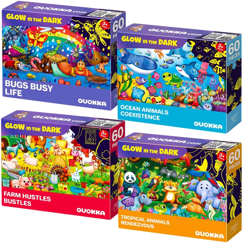 Quokka 4X60 Piece Puzzles For Kids Ages 4-6  Glow-In-The-Dark Puzzles For Kids 4-8 I Farm Bugs Tropical & Ocean Animals I Fun Educational Toddler Puzzles For Boys & Girls  Educational Game Toys Gift