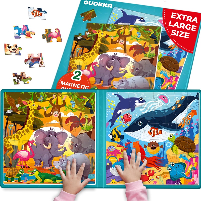 Quokka Magnetic Puzzles For Toddlers 2-4 - 2X48 Travel Puzzle Games For Kids Ages 3-5 Years Old - Car Activities Toy For Boys And Girls 4-6 Yo - Africa & Ocean Animals Learning Magnet For Road Trip