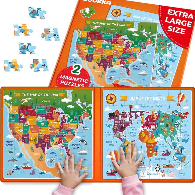 Quokka Magnetic Puzzles For Toddlers 4-6 - 2X48 Travel Puzzles Games For Kids Ages 3-5 - Usa & World Maps Car Activities Toy For Boys And Girls 2-4 Yo - United States Learning Magnet For Road Trip