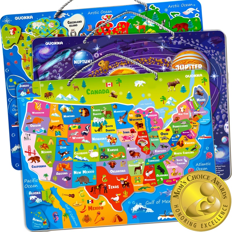 Quokka Magnetic Toddler Puzzles Ages 3-5 - 3 Educational Travel Games Puzzles For Kids Ages 4-6 - Space, Usa And World Map Learning Toys For Boy And Girl 2-4 Learn United States