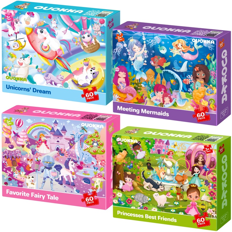 Quokka Puzzles For Kids Ages 4-6 - Set Of 4X60 Jigsaw Puzzles For Toddlers 3-5 - Unicorn Princess Animals Toys For Children 6-8 Yo - Gift Educational Game For Boys & Girls