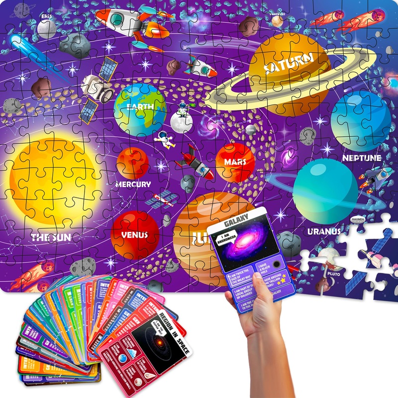 Quokka Puzzles For Kids Ages 8-10 - 150 Pcs Jigsaw Puzzles For 6-8 Year Olds - 400+ Facts On 50 Double-Sided Flashcards | Learn Space | Education Activity Gift - Shaped Puzzles For Toddlers 4-6