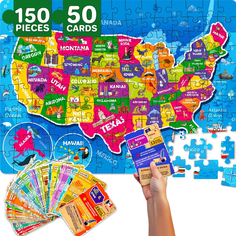 Quokka Puzzles For Kids Ages 8-10 - 150 Pcs Jigsaw Puzzles For 6-8 Year Olds - 400+ Facts On 50 Double-Sided Flashcards | Learn Usa | Education Activity Gift - Shaped Puzzles For Toddlers 4-6