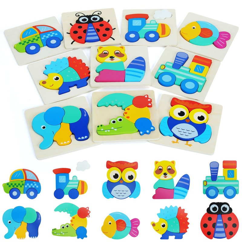 Qzmtoy Toddler Puzzles 10 Pack Wooden Puzzles For Toddlers,Montessori Puzzles For 1-3 2-4 Year Old,Infant Baby Learning Toys,Animal Vehicle Shape Jigsaw Puzzles Gift For Boys Girls-Large 3D Blocks