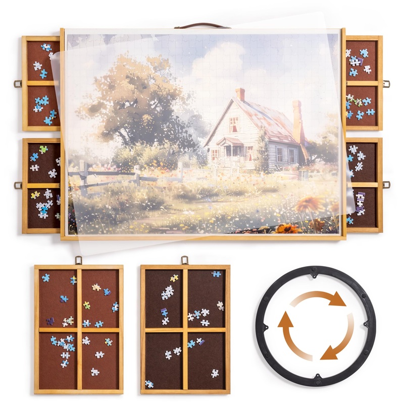 Robud 1500 Piece Rotating Puzzle Board, 35'' X 26'' Portable Jigsaw Puzzle Table With Handle, Visible Cover, 4 Partitioned Drawers And Felted Anti-Skid Surface, Premium Gift For Kids And Adults