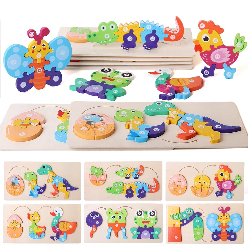 Shierdu 6-Pack Wooden Animal Growth Puzzle Puzzles For Kids Ages 3-5 Montessori Toys For 3 4 5 Year Olds Gifts For 2-4 Year Old Boys Girls