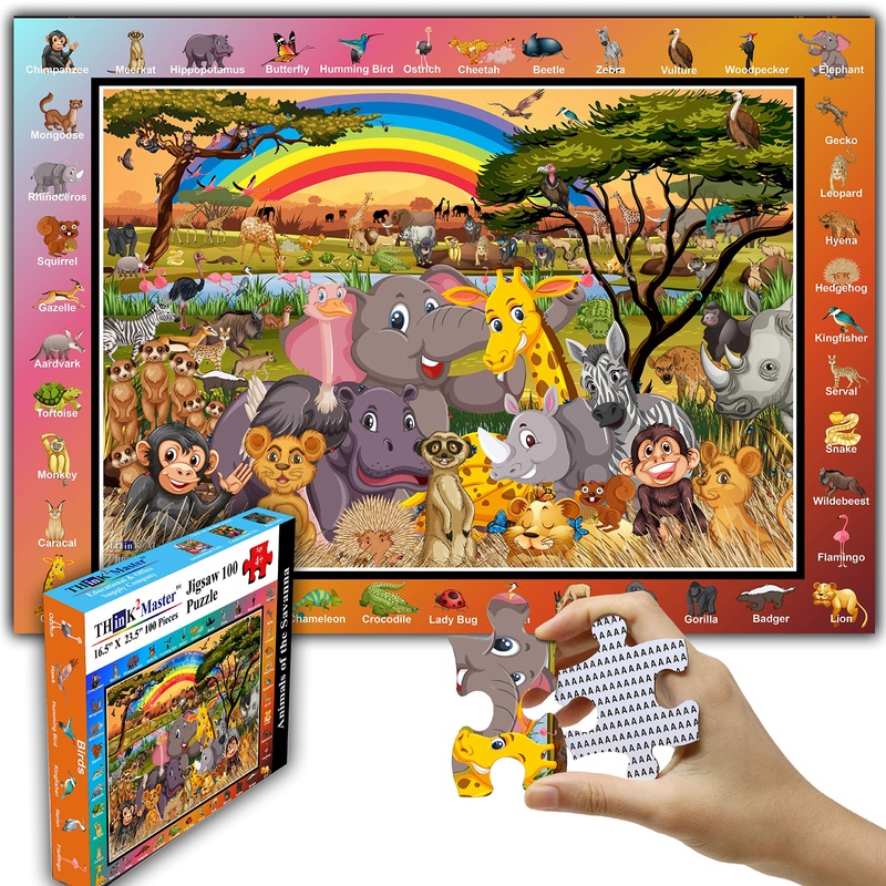 Think2Master Animals Of The Savanna Jungle Safari 100 Pieces Jigsaw Puzzle. Fun Educational Toy For Kids, School & Families. Great Gift For Boys & Girls Ages 4-8 For Learning. Size:23.4 X 16.5