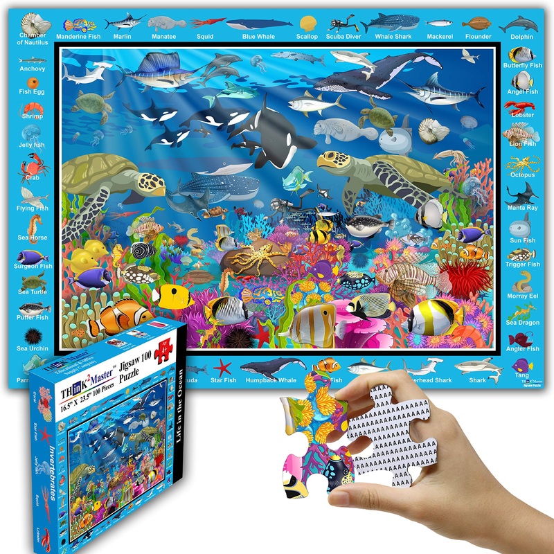 Think2Master Colorful Ocean Life 100 Pieces Jigsaw Puzzle Fun Educational Toy For Kids, School & Families. Great Gift For Boys & Girls Ages 4-8 To Stimulate Learning. Size:23.4 X 16.5
