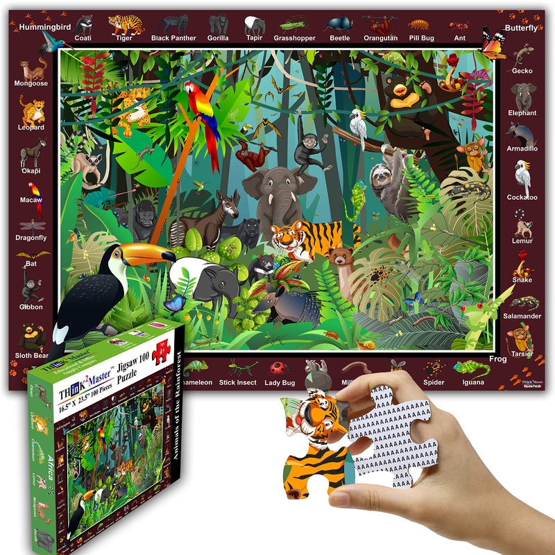 Think2Master Colorful Rainforest Jungle 100 Pieces Jigsaw Puzzle Fun Educational Toy For Kids, School & Families. Great Gift For Boys & Girls Ages 4-8 To Stimulate Learning. Size:23.4 X 16.5