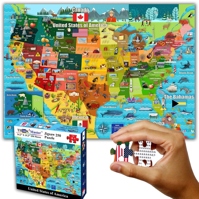 Think2Master United States Map 250 Pieces Jigsaw Puzzle Fun Educational Toy For Kids, School & Families. Great Gift For Boys & Girls Ages 8+ To Stimulate Learning Of Usa. Size: 14.2 X 19.3