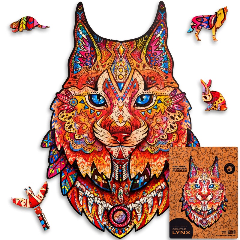 Unidragon Original Wooden Jigsaw Puzzles - Gentle Lynx, 297 Pcs, King Size 10.6'X16.1', Beautiful Gift Package, Unique Shape Best Gift For Adults And Kids