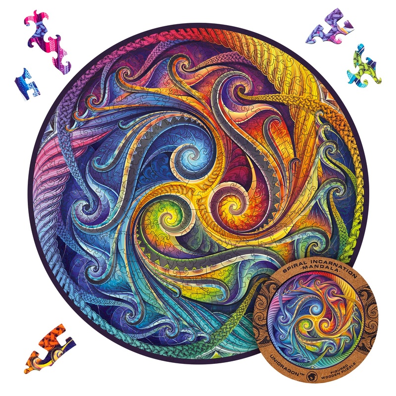 Unidragon Original Wooden Jigsaw Puzzles - Mandala Spiral Incarnation, 350 Pcs, King Size 13'X13', Beautiful Gift Package, Unique Shape Best Gift For Adults And Kids