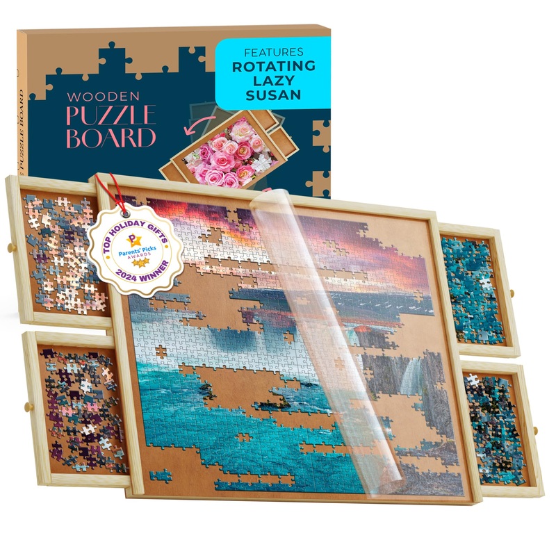 1000 Piece Wooden Jigsaw Puzzle Board - 4 Drawers, Rotating Puzzle Table | 30 X 22 | Puzzles Cover Included - Portable Tables For Adults And Kids By Beyond Innoventions
