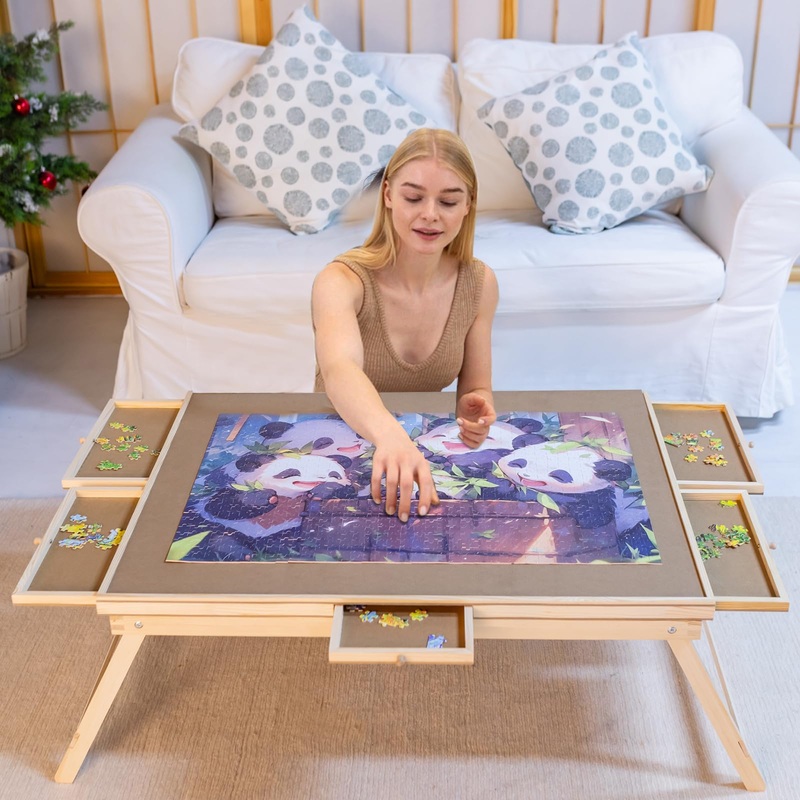 1500 Piece Wooden Folding Puzzle Table With Legs, 27' X 35' Jigsaw Puzzle Board With 6 Drawers And Protective Cover Portable Jigsaw Puzzle Table For Adults And Teens