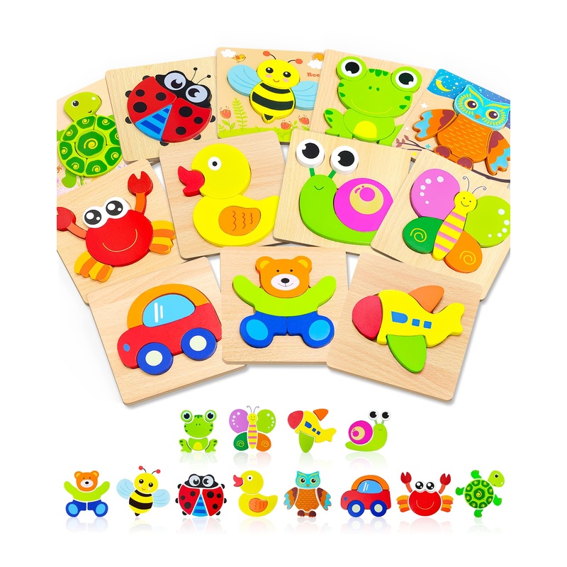 Bekayshad Wooden Puzzles Toddler Toys Gifts For 1 2 3 Year Old Boys Girls, 12 Pack Animal Jigsaw Puzzles Montessori Toys, Learning Educational Christmas Birthday Gifts For Girls Boys Ages 1-3