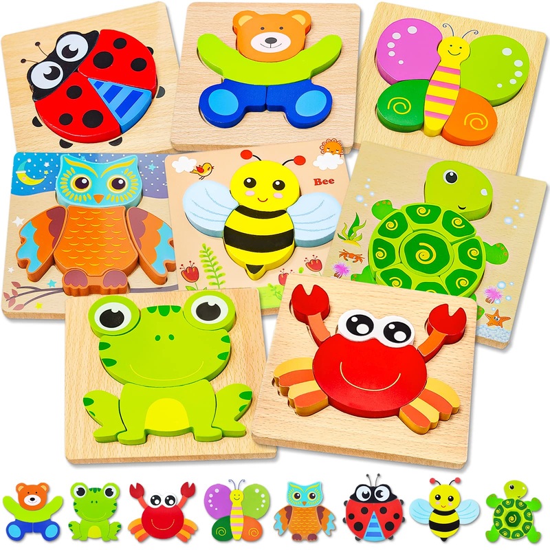 Bekayshad Wooden Puzzles Toddler Toys Gifts For 1 2 3 Year Old Boys Girls, 8 Pack Animal Jigsaw Puzzles Montessori Toys, Learning Educational Christmas Birthday Gifts For Girls Boys Ages 1-3
