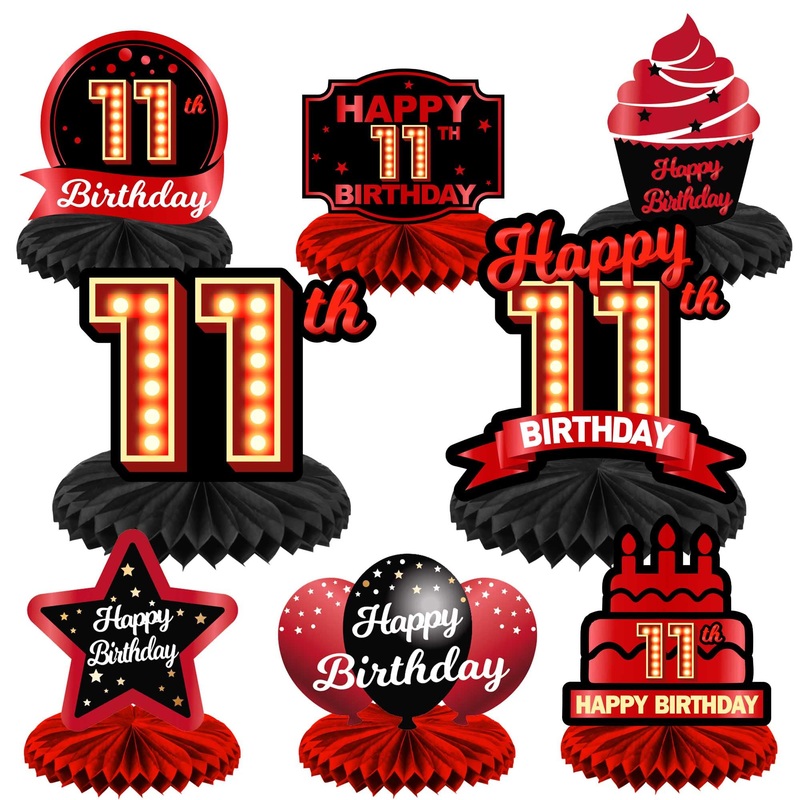 Happy 11Th Birthday Red And Black Table Honeycomb Centerpieces Balloons Theme Decor Table Decorations Table Toppers For Girls Women Princess 11 Years Old Birthday Party Bday Supplies Background Gold