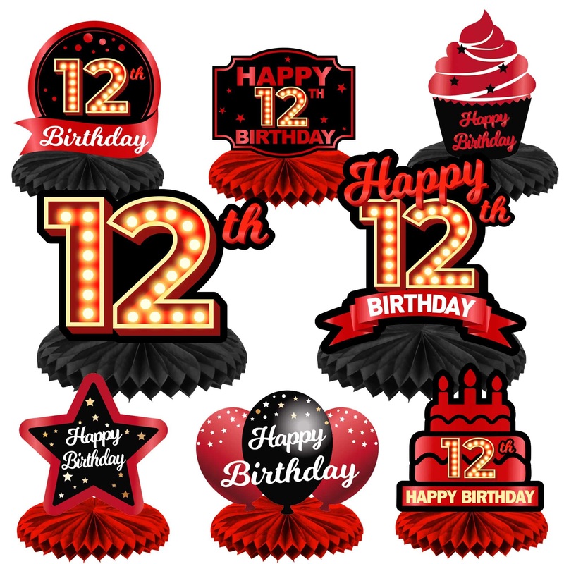 Happy 12Th Birthday Red And Black Table Honeycomb Centerpieces Balloons Theme Decor Table Decorations Table Toppers For Girls Women Princess 12 Years Old Birthday Party Bday Supplies Background Gold