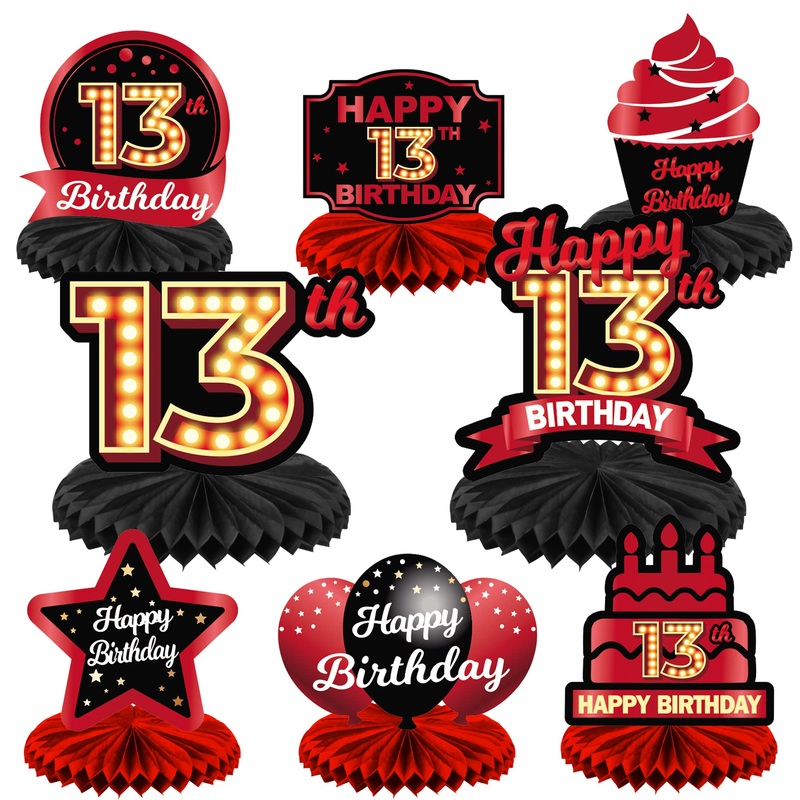 Happy 13Th Birthday Red And Black Table Honeycomb Centerpieces Balloons Theme Decor Table Decorations Table Toppers For Girls Women Princess 13 Years Old Birthday Party Bday Supplies Background Gold