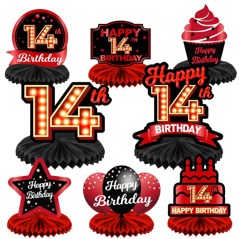 Happy 14Th Birthday Red And Black Table Honeycomb Centerpieces Balloons Theme Decor Table Decorations Table Toppers For Girls Women Princess 14 Years Old Birthday Party Bday Supplies Background Gold