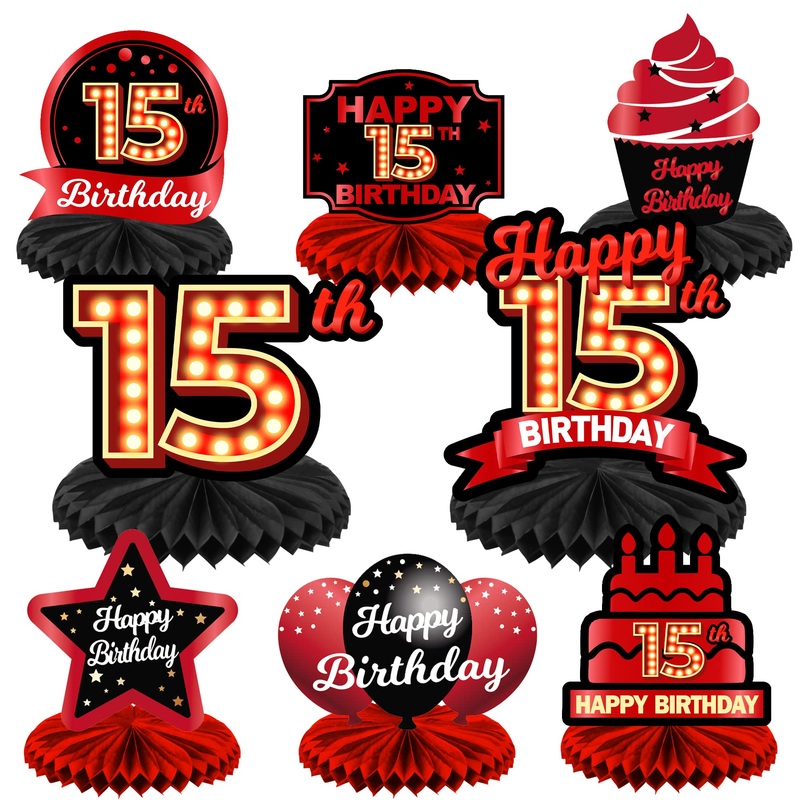 Happy 15Th Birthday Red And Black Table Honeycomb Centerpieces Balloons Theme Decor Table Decorations Table Toppers For Girls Women Princess 15 Years Old Birthday Party Bday Supplies Background Gold