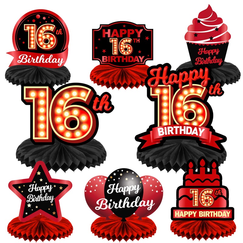 Happy 16Th Birthday Red And Black Table Honeycomb Centerpieces Balloons Theme Decor Table Decorations Table Toppers For Girls Women Princess 16 Years Old Birthday Party Bday Supplies Background Gold