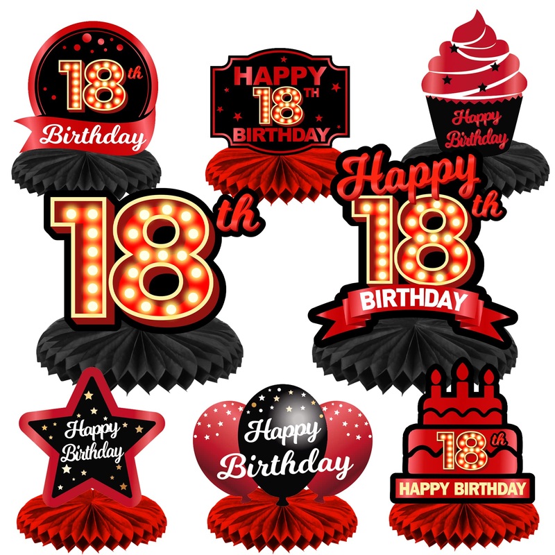 Happy 18Th Birthday Red And Black Table Honeycomb Centerpieces Balloons Theme Decor Table Decorations Table Toppers For Girls Women Princess 18 Years Old Birthday Party Bday Supplies Background Gold