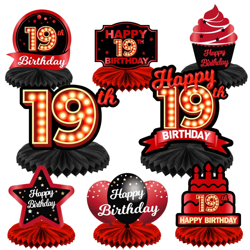 Happy 19Th Birthday Red And Black Table Honeycomb Centerpieces Balloons Theme Decor Table Decorations Table Toppers For Girls Women Princess 19 Years Old Birthday Party Bday Supplies Background Gold