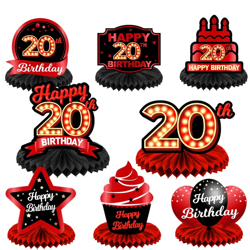 Happy 20Th Birthday Red And Black Table Honeycomb Centerpieces Balloons Theme Decor Table Decorations Table Toppers For Girls Women Princess 20 Years Old Birthday Party Bday Supplies Background Gold