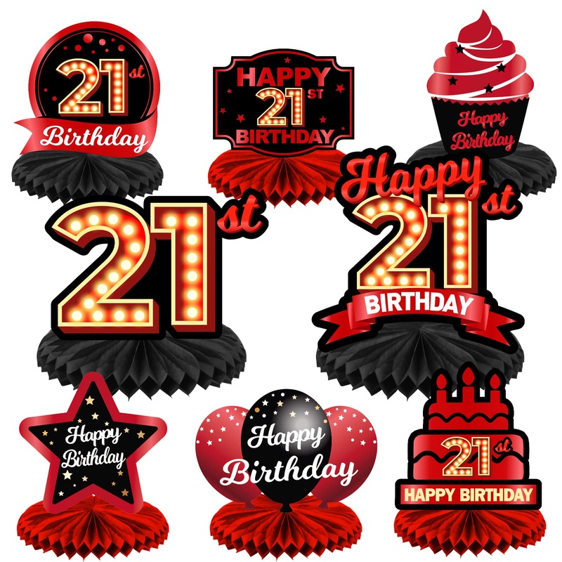Happy 21St Birthday Red And Black Table Honeycomb Centerpieces Balloons Theme Decor Table Decorations Table Toppers For Girls Women Princess 21 Years Old Birthday Party Bday Supplies Background Gold