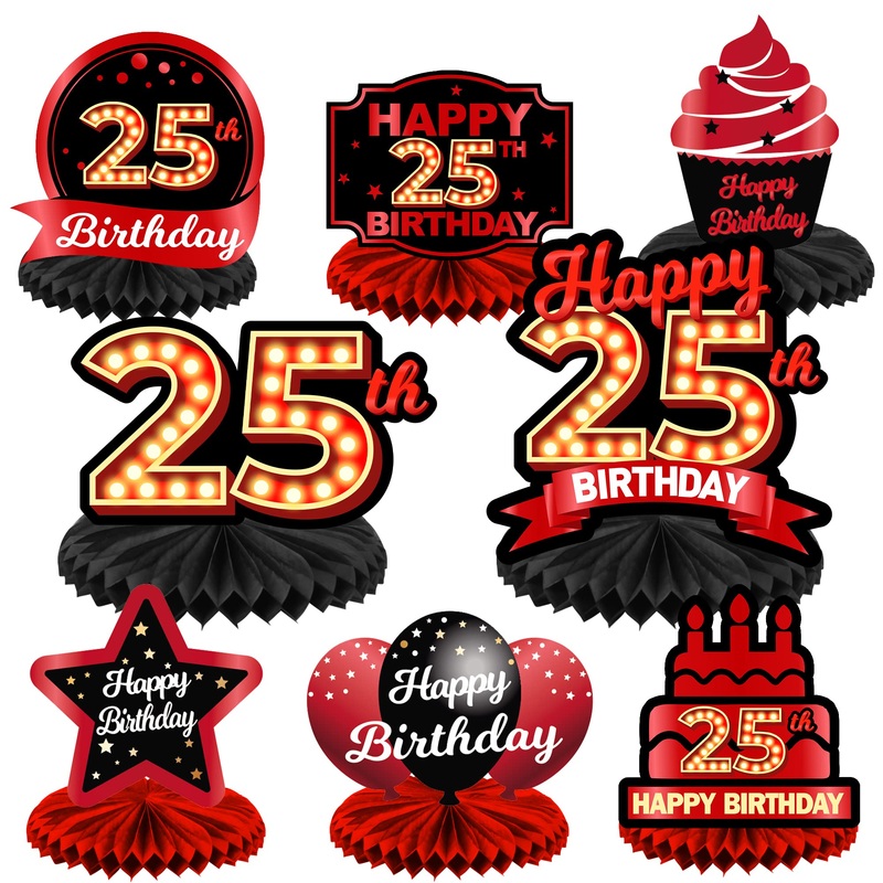 Happy 25Th Birthday Red And Black Table Honeycomb Centerpieces Balloons Theme Decor Table Decorations Table Toppers For Girls Women Princess 25 Years Old Birthday Party Bday Supplies Background Gold