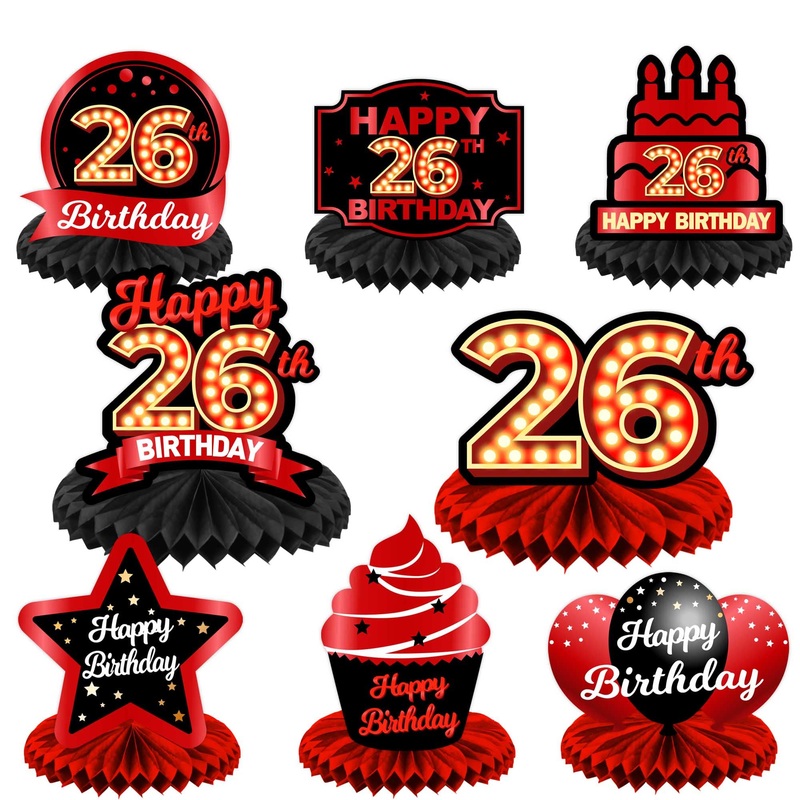 Happy 26Th Birthday Red And Black Table Honeycomb Centerpieces Balloons Theme Decor Table Decorations Table Toppers For Girls Women Princess 26 Years Old Birthday Party Bday Supplies Background Gold