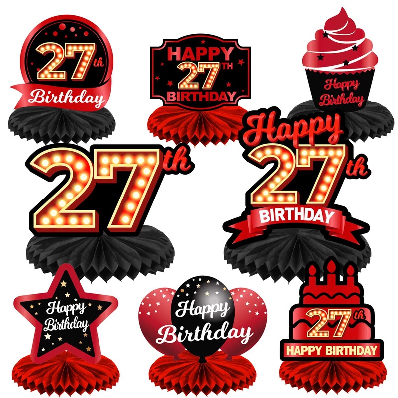 Happy 27Th Birthday Red And Black Table Honeycomb Centerpieces Balloons Theme Decor Table Decorations Table Toppers For Girls Women Princess 27 Years Old Birthday Party Bday Supplies Background Gold