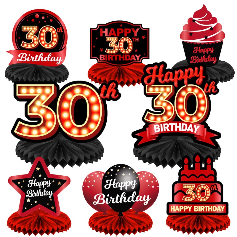 Happy 30Th Birthday Red And Black Table Honeycomb Centerpieces Balloons Theme Decor Table Decorations Table Toppers For Girls Women Princess 30 Years Old Birthday Party Bday Supplies Background Gold