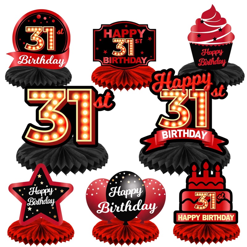 Happy 31St Birthday Red And Black Table Honeycomb Centerpieces Balloons Theme Decor Table Decorations Table Toppers For Girls Women Princess 31 Years Old Birthday Party Bday Supplies Background Gold
