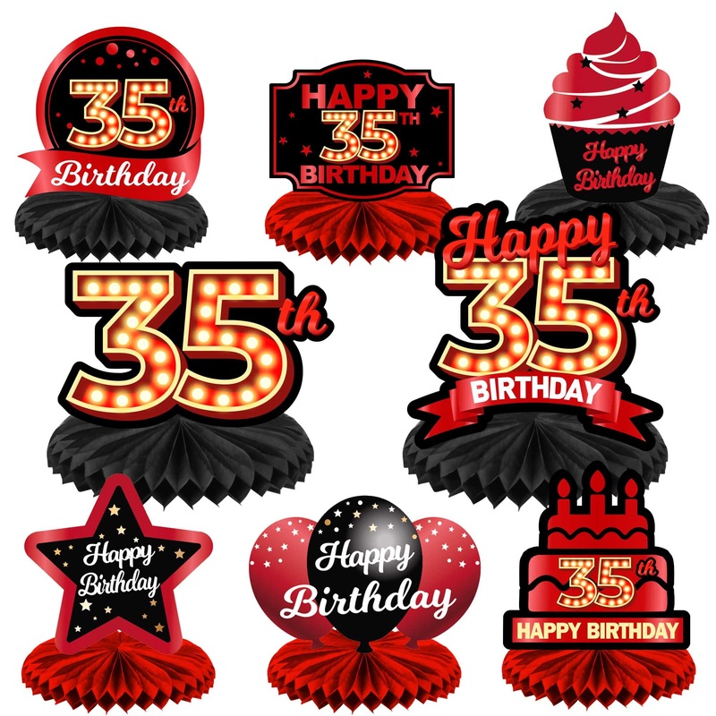 Happy 35Th Birthday Red And Black Table Honeycomb Centerpieces Balloons Theme Decor Table Decorations Table Toppers For Girls Women Princess 35 Years Old Birthday Party Bday Supplies Background Gold