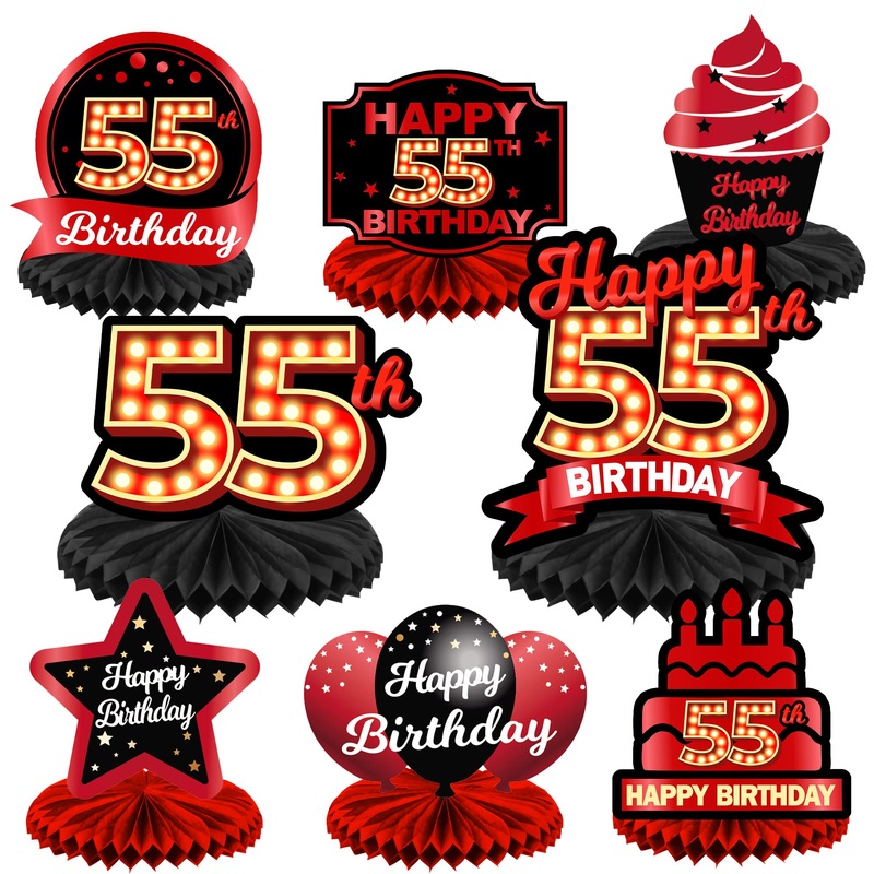 Happy 55Th Birthday Red And Black Table Honeycomb Centerpieces Balloons Theme Decor Table Decorations Table Toppers For Girls Women Princess 55 Years Old Birthday Party Bday Supplies Background Gold