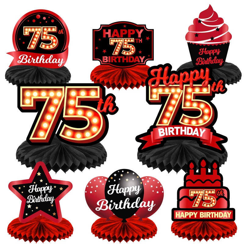 Happy 75Th Birthday Red And Black Table Honeycomb Centerpieces Balloons Theme Decor Table Decorations Table Toppers For Girls Women Princess 75 Years Old Birthday Party Bday Supplies Background Gold