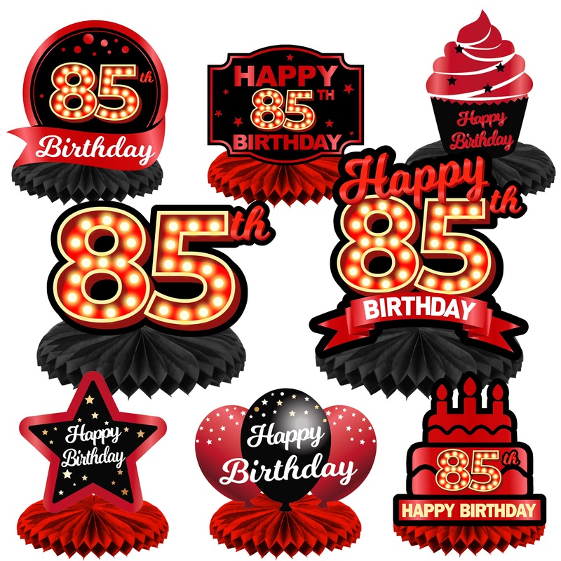 Happy 85Th Birthday Red And Black Table Honeycomb Centerpieces Balloons Theme Decor Table Decorations Table Toppers For Girls Women Princess 85 Years Old Birthday Party Bday Supplies Background Gold