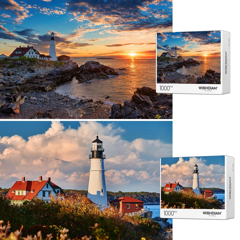 Jigsaw Puzzles 2 Pack 1000 Pieces - Wishdiam Puzzles For Adults - Lighthouses Portland Head Light Nature Landscape Impossible Challenging Puzzles For Home Decor Birthday Party Gifts Toy For Men Women