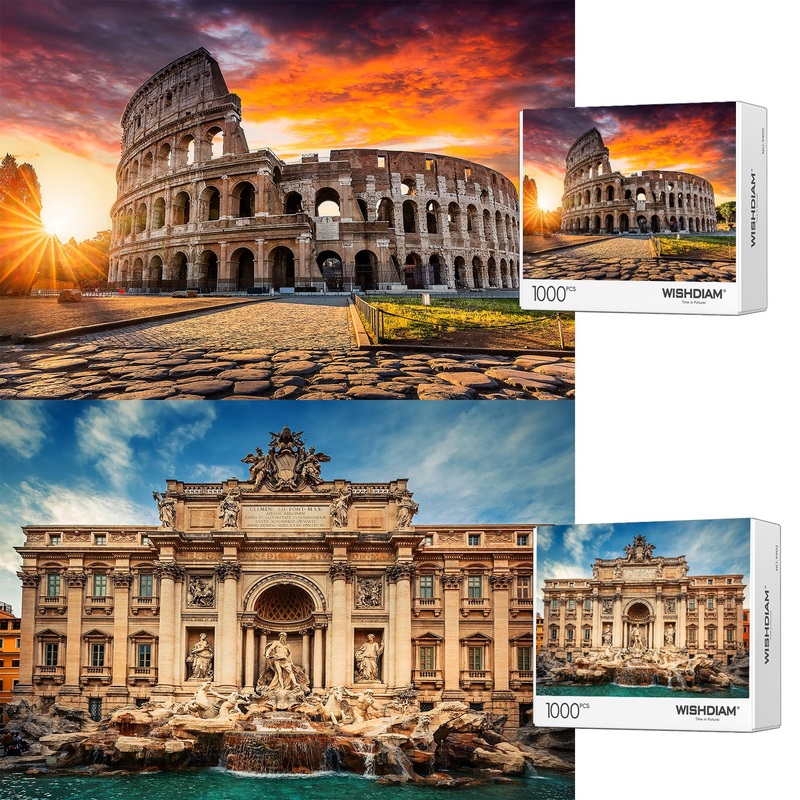 Jigsaw Puzzles 2 Pack 1000 Pieces - Wishdiam Puzzles For Adults - Trevi Fountain & Colosseum City Impossible Hard Difficult Challenging Puzzles For Home Decor Birthday Party Gifts Toy For Men Women