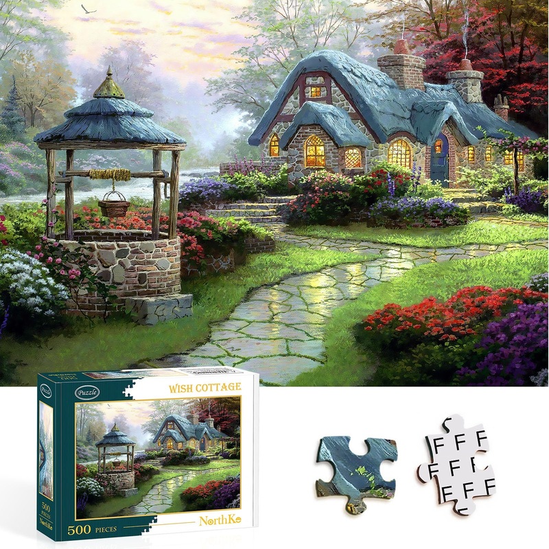 Northke 500 Piece Puzzle For Adults - Whis Cottage Unique Shape Pieces Jigsaw Puzzles Letters On Back Difficult Challenging Brain Exercise For Family Game Nights - Size 20' X 14.2' (Spring)
