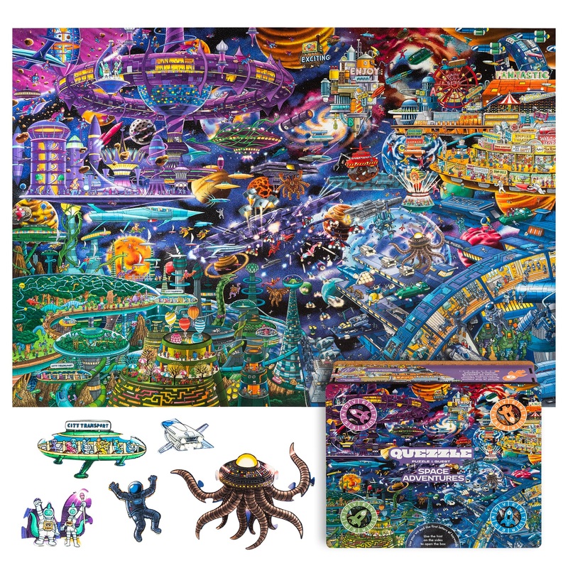 Unidragon Original + Ic4 Design Wooden Jigsaw Puzzle For Adults And Kids, Puzzle Board Game, Quezzle Space Adventures, Full Pack, 1000 Pieces, 28.2 By 19.6 Inches