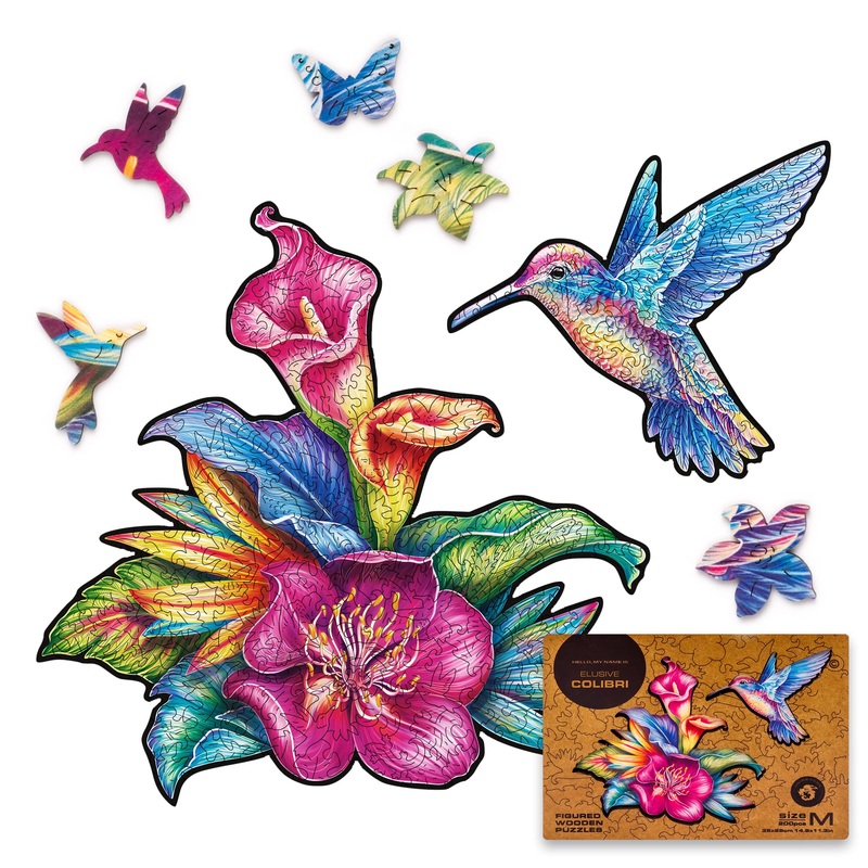 Unidragon Original Wooden Jigsaw Puzzles - Elusive Colibri, 200 Pcs, Medium 14.9'X11.3', Beautiful Gift Package, Unique Shape Best Gift For Adults And Kids