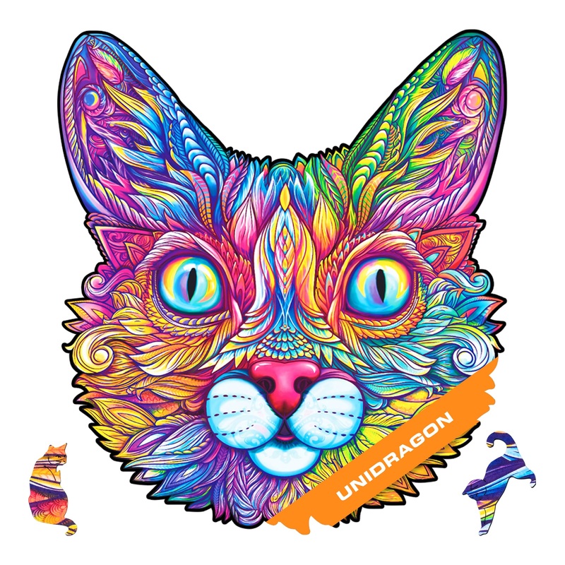 Unidragon Original Wooden Jigsaw Puzzles - Impressive Cat, 200 Pcs, Medium 11.4'X11.8', Beautiful Gift Package, Unique Shape Best Gift For Adults And Kids