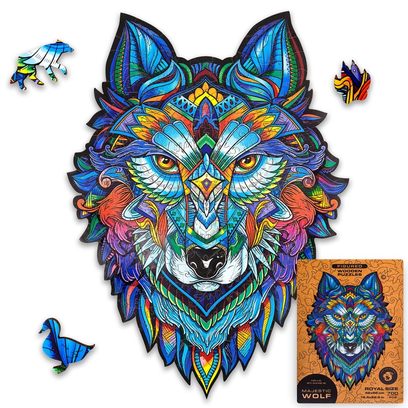 Unidragon Original Wooden Jigsaw Puzzles - Majestic Wolf, 700 Pcs, Royal Size 16.5'X22.6', Beautiful Gift Package, Unique Shape Best Gift For Adults And Kids